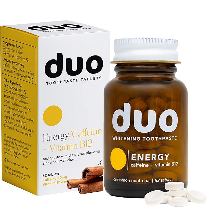 Duo Energy Toothpaste Tablets | Caffeine + B12 w/Nano-Hydroxyapatite (nHa) - Whitening, Remineralize & Reduce Sensitivity | Sustainable & Plastic Free | Cinnamon Mint Chai, 1 BTL/62 Tablet