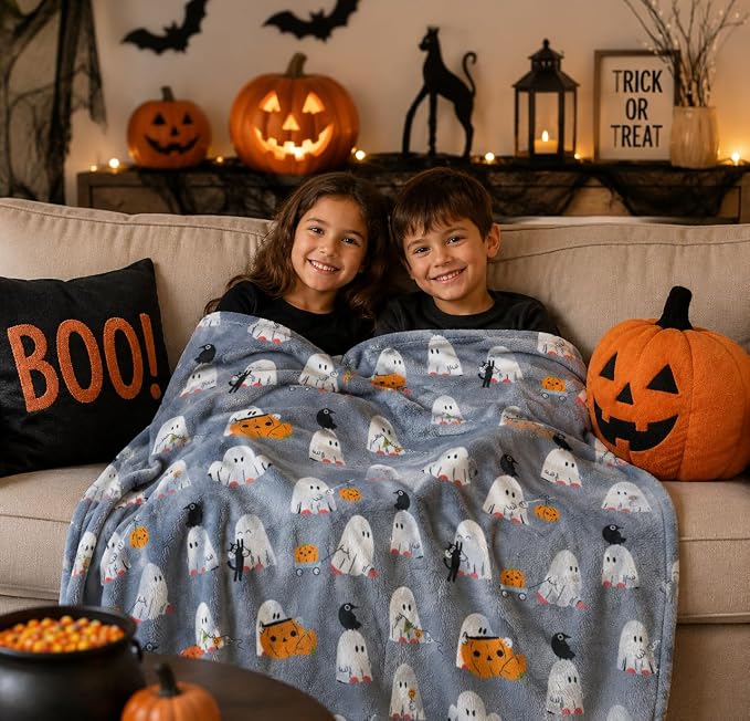 Halloween Ghost Fleece Throw Blanket, Cute Baby Ghost Party, Gray, 50x70 in | Ultra-soft cozy flannel fleece, for sofa couch bed chair & dorms, spooky Halloween décor, durable and machine washable.