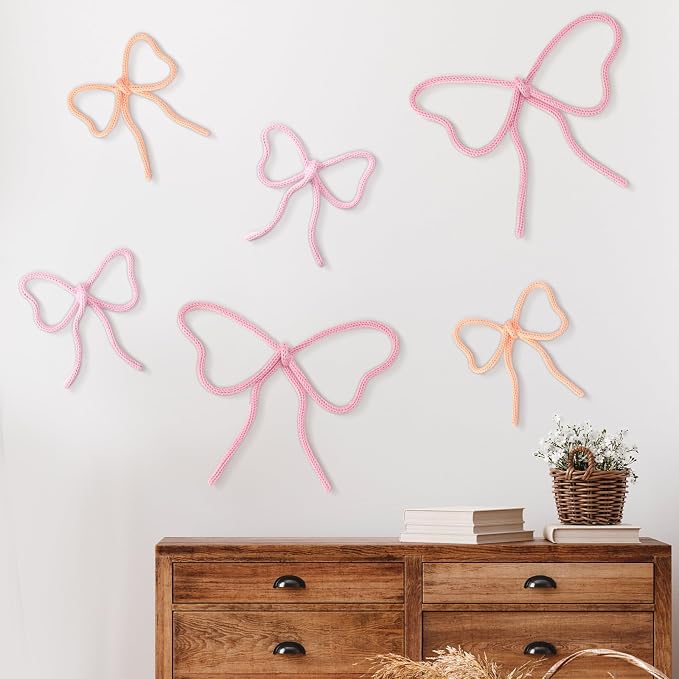 Barydat 6 Pcs Pink Bow Wall Decor Coquette Bow Nursery Decoration Room Decor Woven Macrame Wall Hanging 2 Size Boho Pink Preppy Decoration for Nursery Dorm Girls Room Art