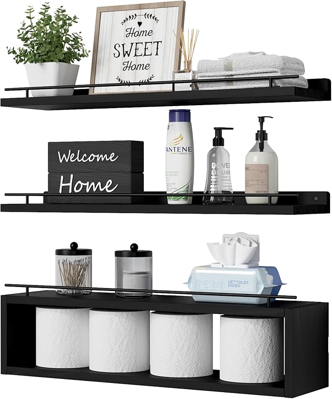 Floating Shelves for Wall 24 inch with Cube Shelf, Wall Shelves with Metal Rail for Decor, Bathroom Organizers and Storage, Over Toilet Shelves for Bathroom, Toilet Paper-Black