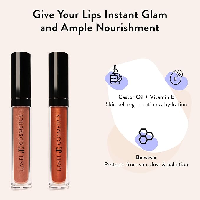 Juwel Cosmetics Ultra Lip Gloss, Gloss for Dry Lips, High Shine, Smooth Finish Moisturizing Lip Gloss with Beeswax, Castor Oil and Vitamin E, Vegan, Talc-free, Cashmere