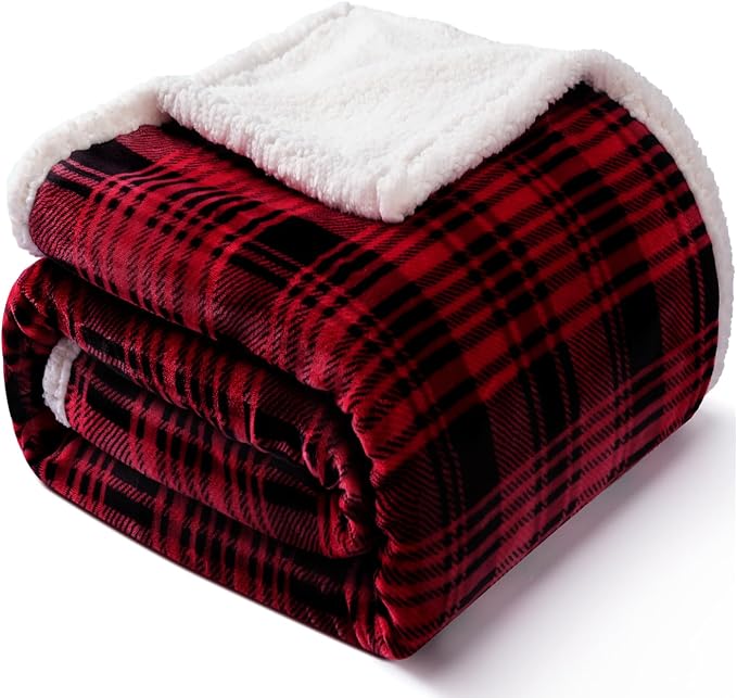 Sherpa Plaid Throw Blanket(60" X 70", Plaid Red), Fuzzy Fluffy Cozy Soft Blanket, Fleece Flannel Plush Twin Size Microfiber Blanket for Couch Bed Sofa