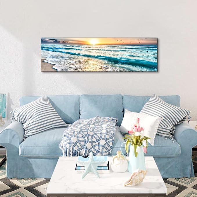 Sunrise Ocean Beach Canvas Wall Art Coastal Room Decor Nature Pictures for Wall Nautical Bathroom Living Room, Sea Waves Landscape Painting Tropical Seascape Poster Prints Artwork Decorations 14x48”