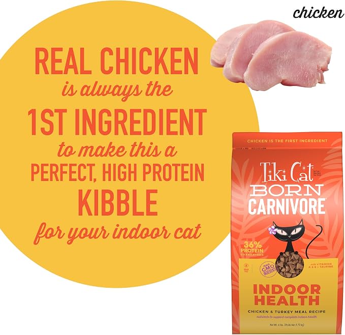 Tiki Cat Born Carnivore Indoor Health, Chicken & Turkey Meal, 6 lbs Bag | Crunchy Kibble Texture for Indoor Cats, Real Animal Protein, Non-GMO Ingredients, Supports Immune and Digestive Health