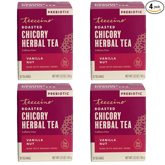 Teeccino Vanilla Nut Herbal Tea - Rich & Roasted Herbal Tea That’s Caffeine Free & Prebiotic for Natural Energy, 10 Tea Bags (Pack of 4)