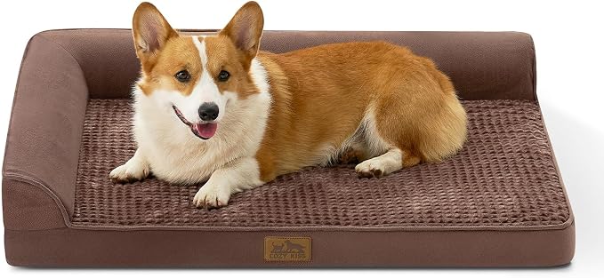 COZY KISS Orthopedic Dog Bed for Large Sized Dogs, L Shaped 36x27 inch | Non-Slip Bottom Soft Pet Sofa with Washable Removable Waterproof Cover, Egg-Crate Foam Couch with Portable Handle, Brown