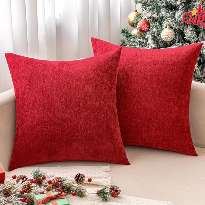 MIULEE Pack of 2 Red Decorative Pillow Covers 18x18 Inch | Soft Chenille Couch Throw Pillows Farmhouse Cushion Covers for Home Decor Sofa Bedroom Living Room