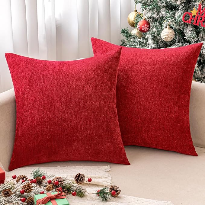MIULEE Pack of 2 Red Decorative Pillow Covers 20x20 Inch | Soft Chenille Couch Throw Pillows Farmhouse Cushion Covers for Home Decor Sofa Bedroom Living Room