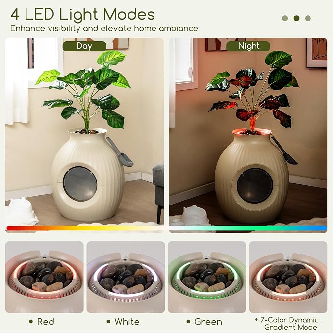 Tangkula Hidden Litter Box Plant, Cat Litter Box Enclosure Furniture with Odor Removal System, 4 Modes Lights, Artificial Plant, Pebbles, Door, Scoop, Planter Litter Box for Large Cats, Easy to Clean