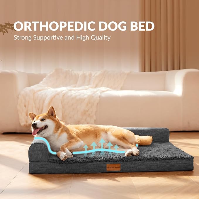 Patas Lague Orthopedic Large Dog Bed Washable Pet Sofa Bed 56X40 Dark Grey | 2-Sided Bolster Egg-Crate Foam Dog Couch Large Sized Dogs, Waterproof Removable Washable Cover, Nonskid Bottom Pet Crate Mat