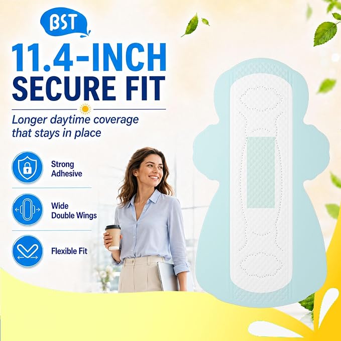 BST Mint Fresh Pads for Women, Breathable Thin Sanitary Napkins with Wings, Odor Control & All-Day Freshness, Heavy Absorbency, Feminine Care, Active Lifestyle Use（Large, 24 Count, Packaging May Vary）