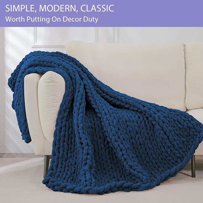 Bigacogo Chunky Knit Throw Blanket for Couch, 80x90 inches, Navy Blue | Hand Knit with Jumbo Chenille, Soft Breathable Cable Knit for Sofa Bed Living Room, Machine Washable, Gift for Mom Friend