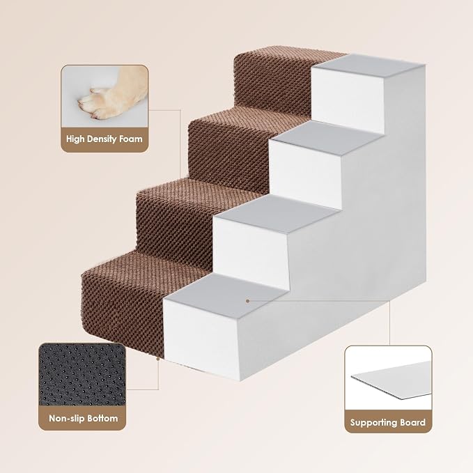 EHEYCIGA Dog Stairs for Bed 18" H, 4-Step Extra Wide Dog Steps for High Bed, Pet Steps for Small Dogs and Cats, Non-Slip Balanced Pet Ramp Indoor, Brown