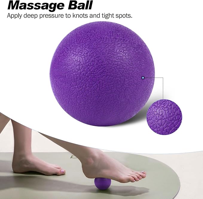 JOYENERGY 5 in 1 Foam Roller Set Trigger Point Foam Roller, Massage Roller Stick, Massage Ball, Stretching Strap for Deep Muscle Massage Pilates Yoga, Fitness Exercise for Whole Body (Purple Diamond)