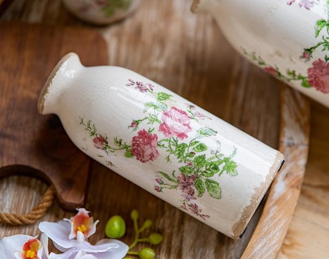 Teweiqi Ceramic Rustic Farmhouse Vase, Distressed Floral Pattern, Holds Water, With Handle, 7.8 inches