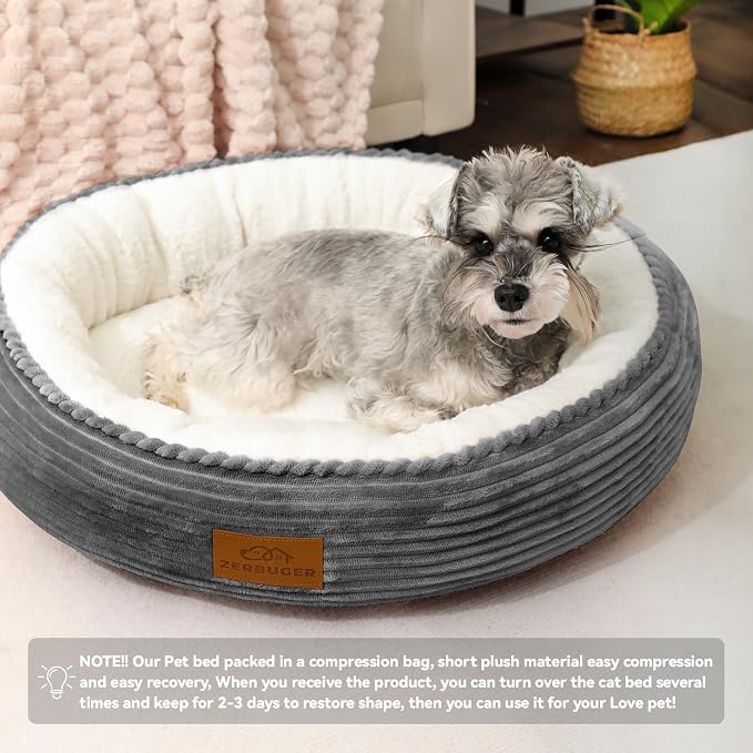 Zerbuger 20in Light Grey Round Dog Bed Sofa for Dogs Cats, Machine Washable | for Small/Medium/Large Dogs Cats, Foam Pet Couch with Removable Mat Non-Slip Bottom, Pet Cuddler for Indoor/Outdoor/Car/Cage