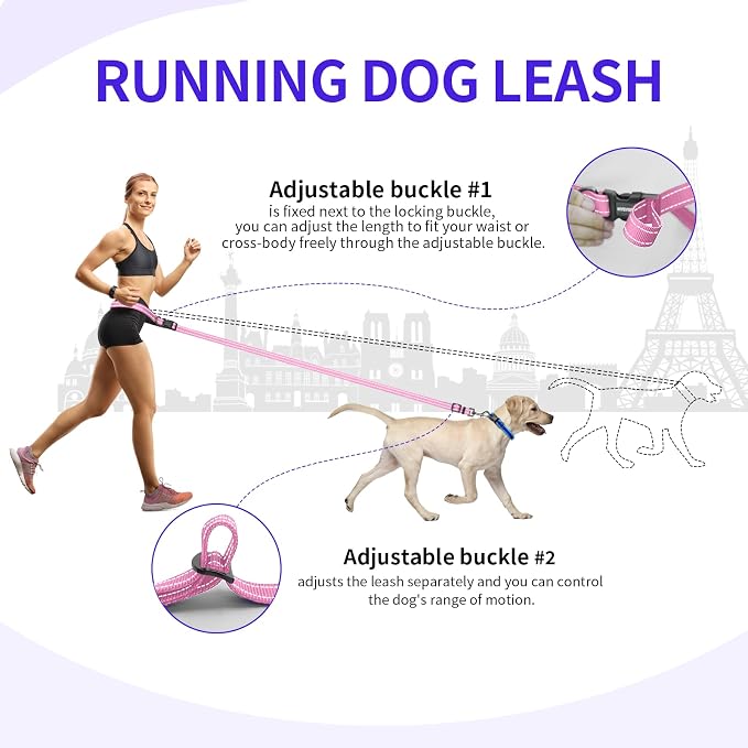 Kazazoo Hands-Free Dog Leash Adjustable Length 5-8 Ft,Waist & Crossbody Leash for Walking with Small Dogs Bichon Frisé & Teddy Reflective Strips, Ballistic Nylon, Waist Belt, Lightweight Pink