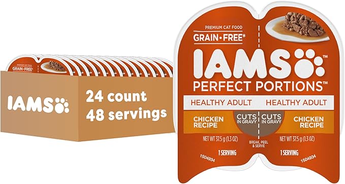 IAMS Perfect Portions Cuts in Gravy Wet Cat Food, Chicken, 24 Count | Grain-free, antioxidant Vitamin E for immunity, no artificial flavors or preservatives, 2.6 oz. twin-pack trays, made in USA