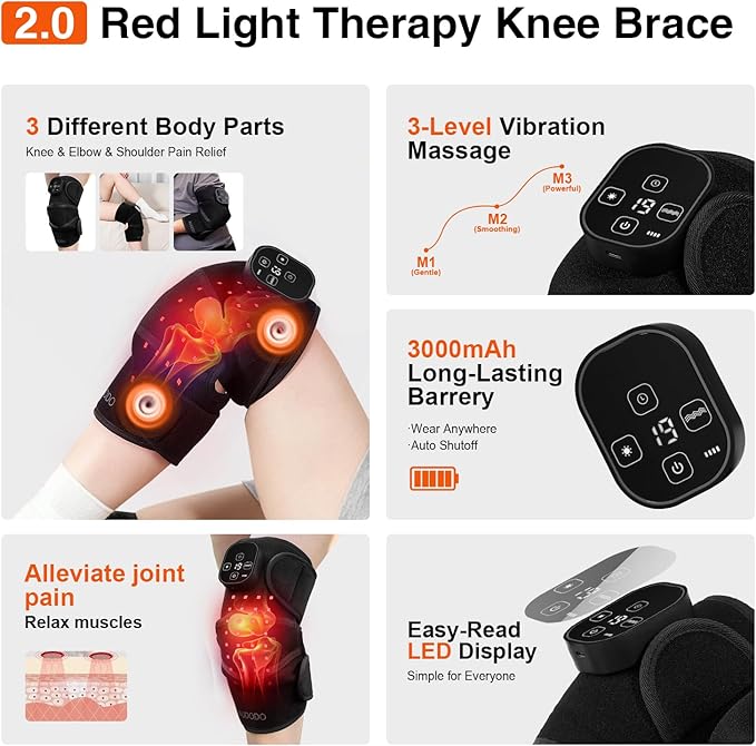 Red Light Knee Brace with Vibration Massage, Cordless Knee Massager with Heat and Red Light Therapy, 660nm&850nm Infrared RedLight Therapy Wrap for Knee Joint, Heated Therapy Device for Pain Relief