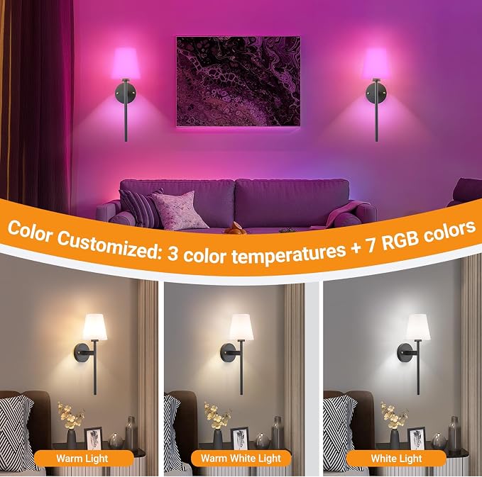 Nekhung Battery Operated Wall Sconce, Peel and Stick Sconces Set of 2 | Wireless Adhesive Stick On Wall Sconce, 10000mAh Rechargeable RGB Bulb with Remote, No Drill Wall Light for Bedroom Decor