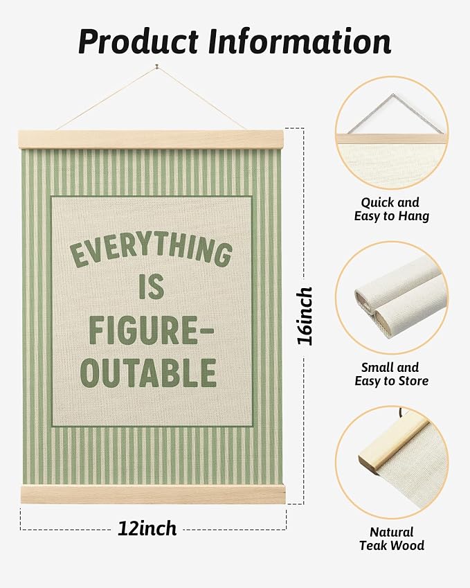 FGFK Everything Is Figureoutable Positive Affirmations Wall Art Poster Hanger Frame, Preppy Sage Green Inspirational Canvas Prints Framed Wall Decor for Office Classroom Home Bedroom, 12x16 Inch