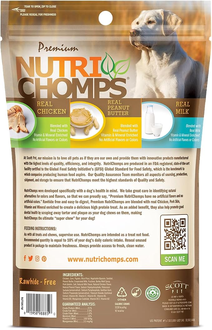Nutri Chomps Rawhide Free Dog Chews, Chicken/PB/Milk, 5in Twists, 15ct, 2pk | Long-lasting chew. High protein, low fat, healthy & delicious treat for dogs.