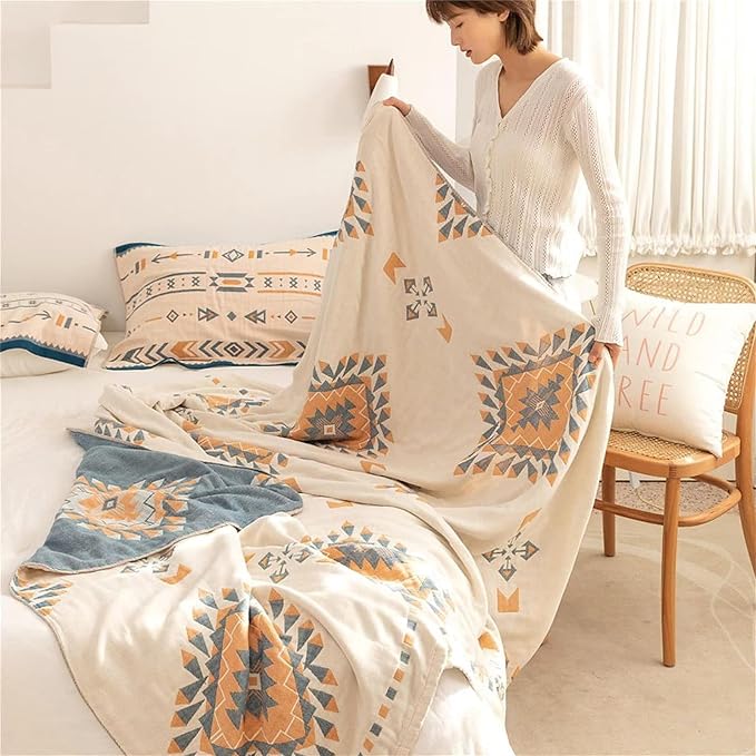 MSGKV Summer Cotton Muslin Boho Throw Blanket 60"x80" for Couch Bed | Cotton Muslin Throw, Soft Quilted Blanket, Boho Style, Couch Bed Chair Use, All Season Comfort, Gift Ready, Machine Washable