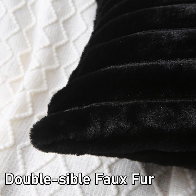 Decorative Throw Pillow with Inserts, Set of 2 Soft Faux Fur Throw Pillows, Square Boho Striped Pillow for Couch, Bed, Sofa Decor(Black, 18" x 18")