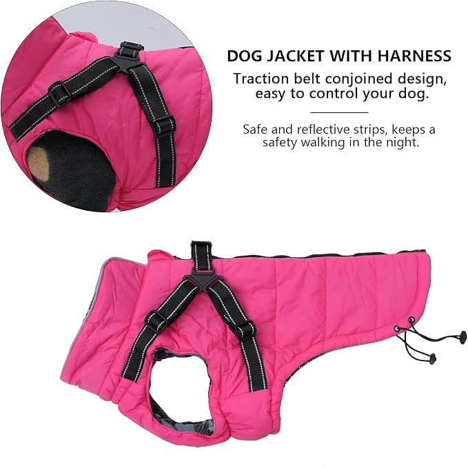 Geyecete Waterproof Dog Jacket with Harness Traction Belt, Pink, Medium-Small, Autumn & Winter
