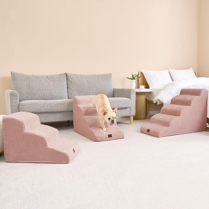 EHEYCIGA Curved Dog Stairs Ramp, 3-Step Dog Steps, 15.7" H Pet Step | 33D density of pure foam, for Small Dogs and Cats, Pet Stairs for High Bed Climbing, Non-Slip Balanced Indoor, Dusty Pink