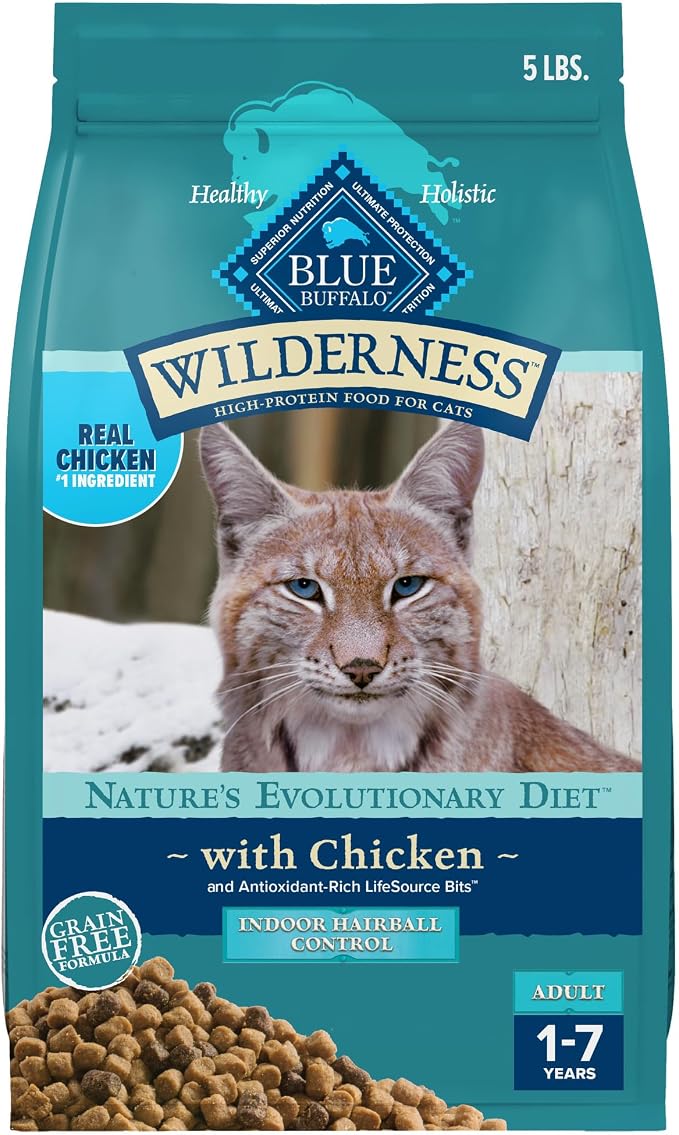 Blue Buffalo Wilderness Chicken Indoor Hairball Control Dry Cat Food, 5 lb | Real Chicken #1 Ingredient, High Protein & Grain-Free Recipe, Promotes Healthy Digestion