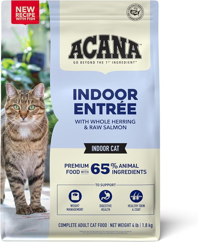 ACANA Indoor Entrée Fish Recipe Dry Cat Food 4lb Bag | High Protein, Made in the USA, Includes Probiotics, Omega-3 Fatty Acids, Digestive Health, Global Quality Ingredients