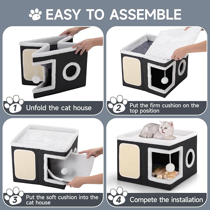 Shikha Cat House Bed for Indoor Cats with Fluffy Ball and Scratch Pad Black | Foldable Large Cat Cave Hideaway with Cozy Condo, Hide and Seek Window, Holds Up to 30LBS, All Season Reversible Cushion