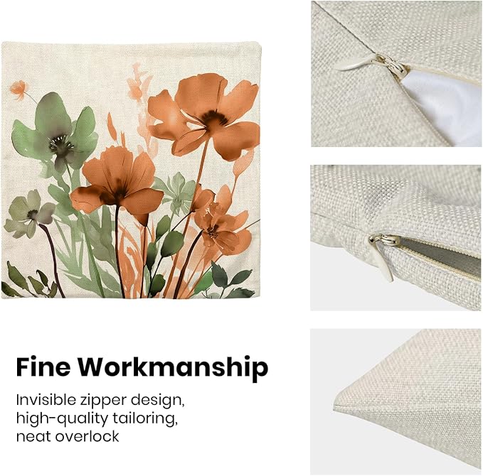 Spring Floral Pillow Covers 18x18 Inches Set of 2 Sage Green Orange Floral Throw Pillow Cover Outdoor Rustic Summer Flower Decoration Pillowcase Farmhouse Decorative Cushion Cover For Home Sofa