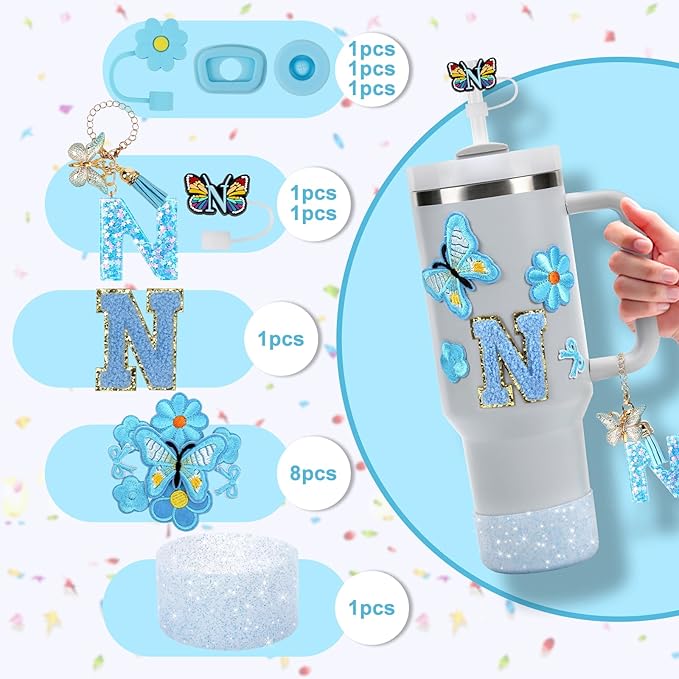15PCS Cup Accessories Set for Stanley Cup 30oz 40oz Tumbler with Handle, Including Silicone Straw Cover and Boot, Spill Proof Stopper, Stanley Charms, Handle Charm, Initials Sticker