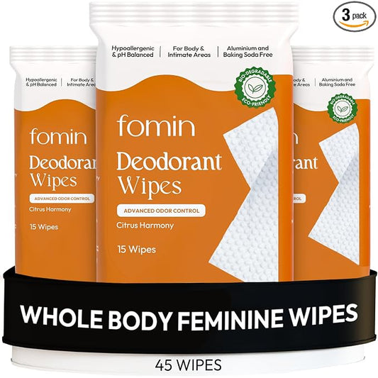 FOMIN Acidified Deodorant Wipes For Women - 45 Count - Citrus Harmony – Hypoallergenic, pH Balanced Whole Body Wipe - Plastic-Free, Exfoliating & Advanced Odor Control Underarm Body Wipes