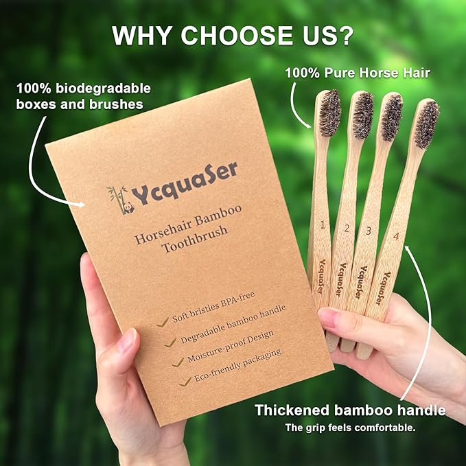Ycquaser Bamboo Toothbrushes,Travel Toothbrush&Horse Bristle(4-Pack),Natural Soft Bristles for Adults,100% Biodegradable,Plastic & Nylon Free