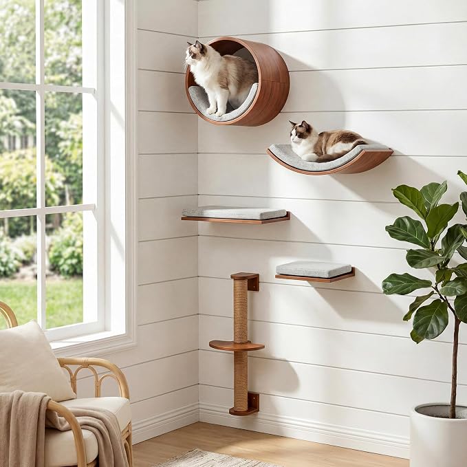 Tribesigns Solid Wood Cat Wall Shelves, 5 in 1 Cat Wall Furniture Set | Wood Cat Climbing Wall with Scratching Post, Bed, Stable and Safe, Wall Mounted Cat Tree, Space-Saving, Easy Assembly, Walnut