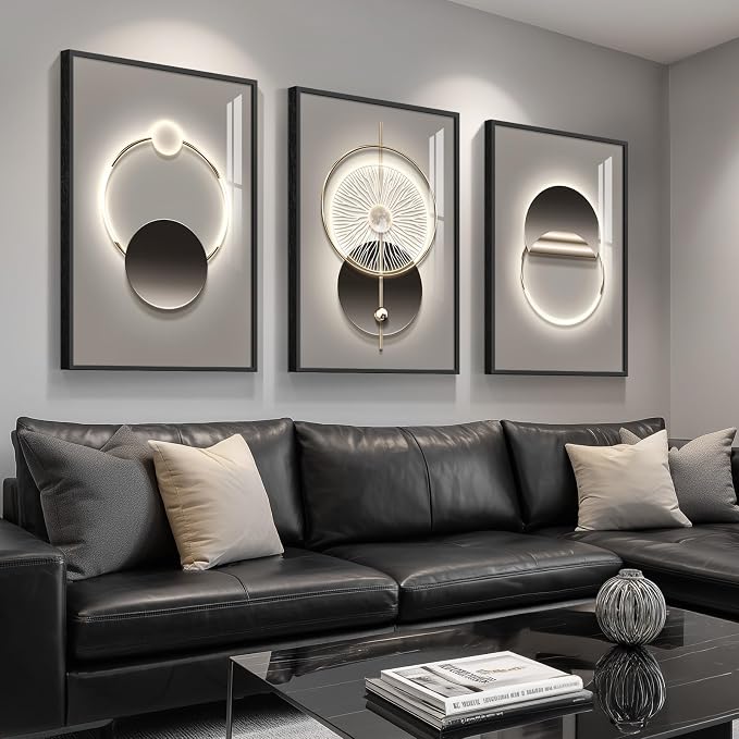 Framed Modern Black and Grey Abstract Wall Art for Living Room, Large 3 Piece Bright Silvery Pictures Artwork Decor, Minimalist Geometric Luxury Painting Prints for Hallway Home Office 24x36 In