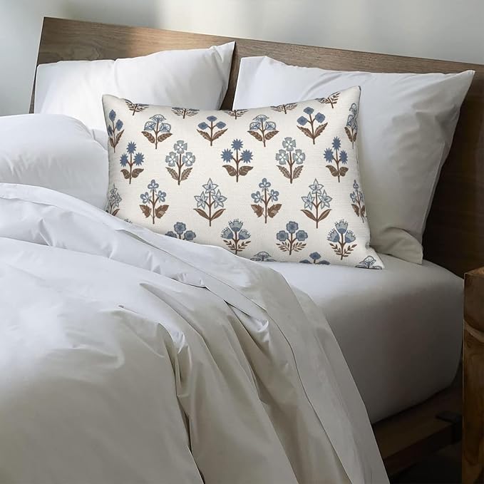 Brown Blue Pillow Covers 12x20 Inch Set of 2 Boho Block Print Floral Throw Pillows Vintage Flower Decorative Pillow Cases Outdoor Linen Farmhouse Cushion Cover for Couch Sofa Bed Decor