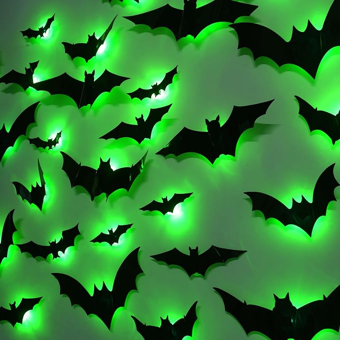 DR.DUDU 36 Pack Bats Halloween Decorations Indoor Bat Wall Decor | Light Up Green LED, Assorted Size, 3D Bat Stickers, for Bedroom Party Walls Bathroom Mirrors Garages Door, Indoor/Outdoor Use