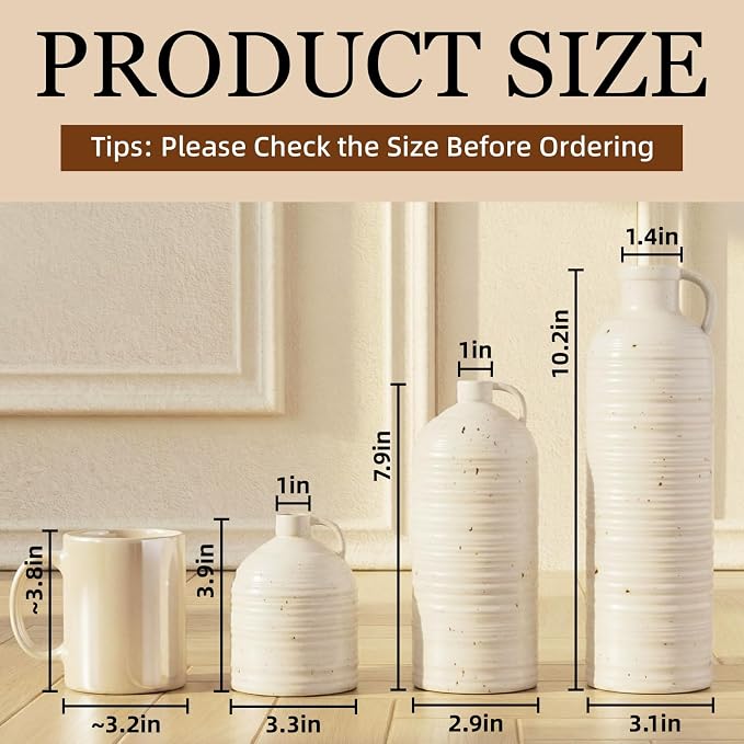 Firehold Ceramic Vase Set of 3 w/Handles, Rustic Farmhouse White Decor Vase | Textured Country Home Decor Vases for Shelf, Mantel, Table Centerpiece, Perfect for Pampas Grass & Dried Flowers