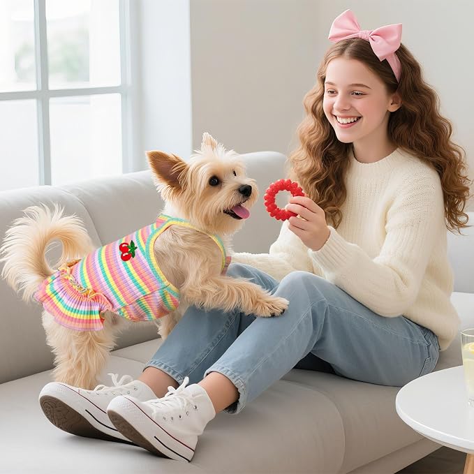 Cute Small Dog Dress Girl Female Dog Clothes Spring Summer Pet Puppy Cats Striped Dress Outfits for Shih Tzu Yorkies Chihuahua Maltese(Cherry Pink,Small)