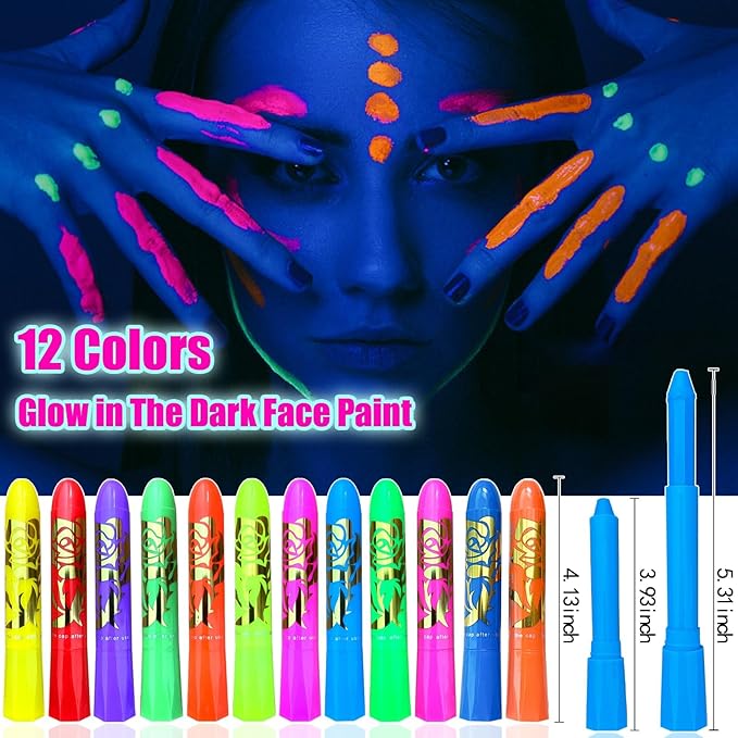 Glow in The Dark Face Body Paint,UV Black Light Makeup Neon Face and Body Paint Glow Sticks Makeup Face Painting Kits for Kids Adult, Neon Face Paint Crayons for Halloween and Parties (12 color)