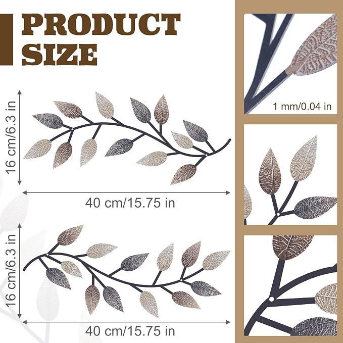 Zhengmy 2 Pcs Metal Leaf Wall Art Vine Branch Decor,Vintage Brown | Olive Branch Metal Decor for Living Room Hallway, Symmetrical Leaf Pair for Doorway Entryway, Lightweight Hanging Art Design