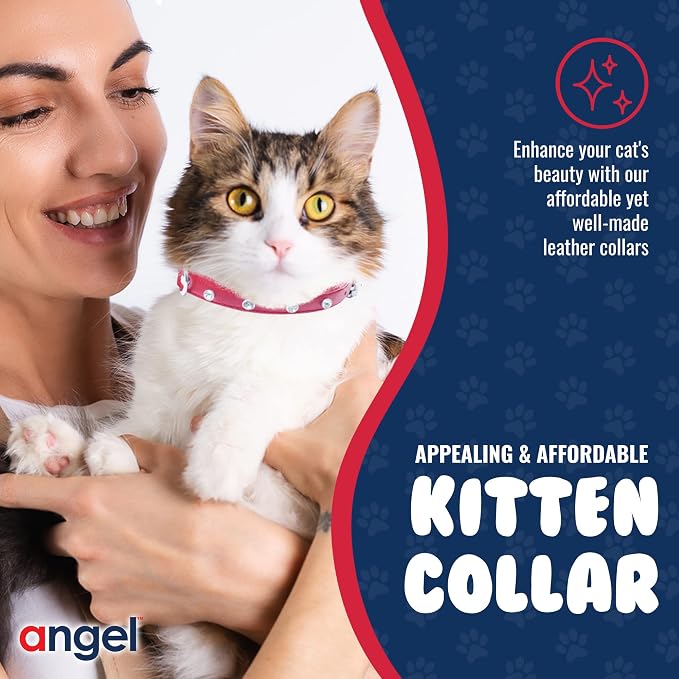 Athens Cat Collar, Leather Kitten Collar w/Rhinestones, Sturdy Breakaway Cat Collar with Bell & Elastic Stretch, Cat Accessories, Valentine Red, 10 x ½ inches - Angel Pet Supplies