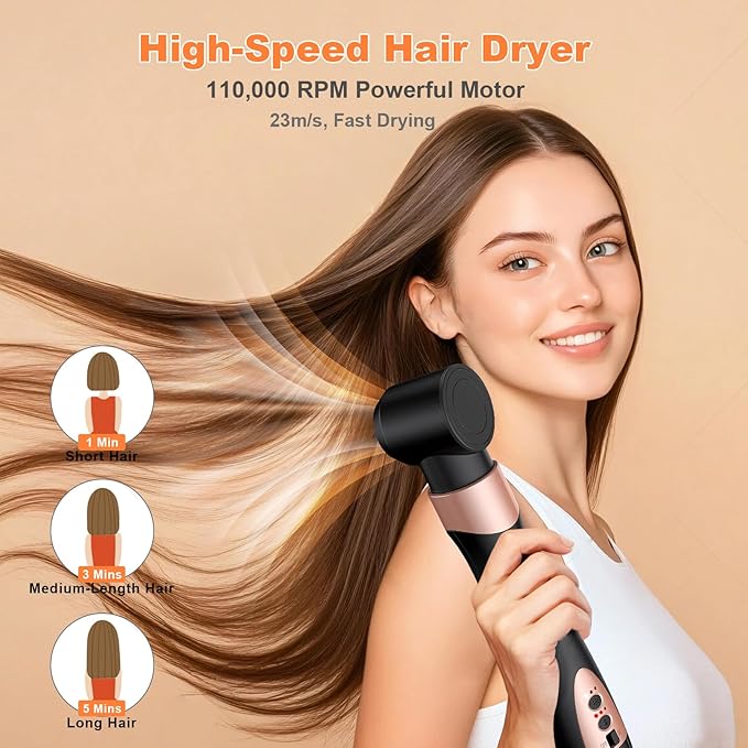 6-in-1 High-Speed Air Styler,110,000 RPM Professional Hair Dryer Brush-Fast Drying with No Heat Damage,Auto-Wrap Curlers for Effortless Salon Curls & Smoothing,Ionic Care & Travel Ready (Rose Gold)
