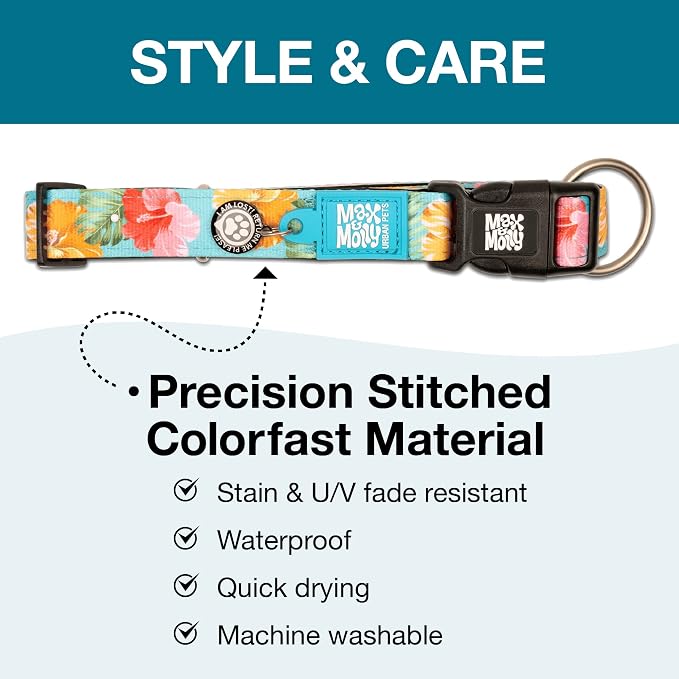 Max & Molly Urban Pets Smart ID Dog Collar with Gotcha! QR Pet Safety Tag and Custom Pet Profile, Soft Padded Neoprene, Waterproof, Machine Washable, Hibiscus, M (13-21")