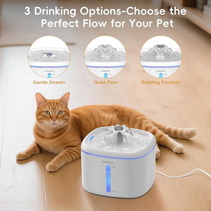 Cat Water Fountain,2.5L/84oz Pet Water Fountain for Cats Inside, Cat Fountain for Drinking with Ultra Quiet Pump(≤20dB)& LED Blue Light - for Pets S
