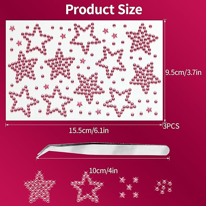 3Sheets Star Gem Stickers Jewels for Crafts, Face Makeup - Self Adhesive Rhinestone Jewel Stickers, Stick on Gems Rhinestones for Crafts, Craft Supplies for Kids (13.Light Pink Star)